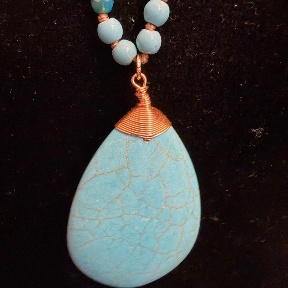 Boho Turquoise Teardrop Necklace | Long Beaded Southwest Style - Picture 2 of 5